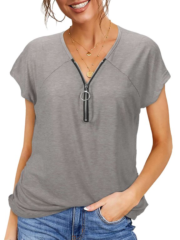 Women's Shirts Casual Deep V Neck Zipper Tops Short Sleeve Tunic Loose T-Shirts Summer Blouse(S,Gray)