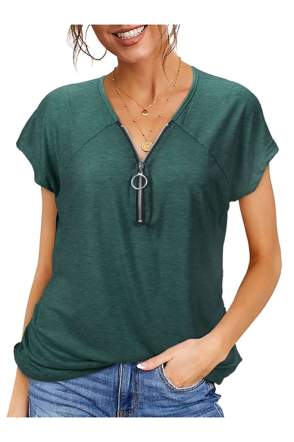 Women's Shirts Casual Deep V Neck Zipper Tops Short Sleeve Tunic Loose T-Shirts Summer Blouse(S,Green)