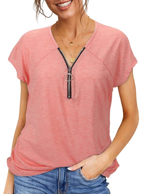 Women's Shirts Casual Deep V Neck Zipper Tops Short Sleeve Tunic Loose T-Shirts Summer Blouse(S,Pink)