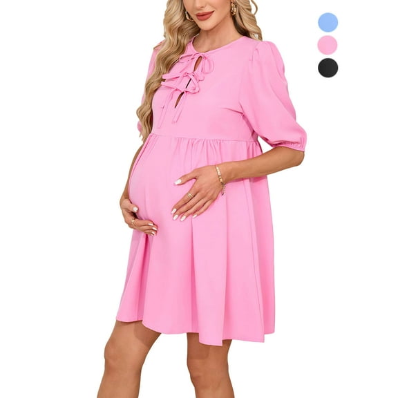 Spencer Women's Short Sleeve Maternity Dress Summer Casual Front Tie Mama Pregnancy Dress Pregnancy Clothes (S-XL)
