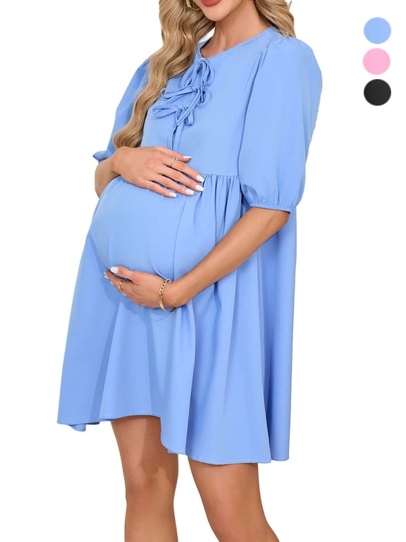 Women's Short Sleeve Maternity Dress Summer Casual Front Tie Mama Pregnancy Dress Pregnancy Clothes (S-XL)