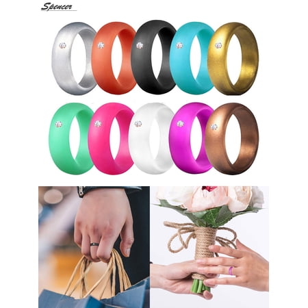 Spencer Women's Silicone Wedding Bands with Rhinestone, 10 Ring Pack Stackable Fitness Wedding Rings for Anniversary, Christmas, Valentine's Day "#5"