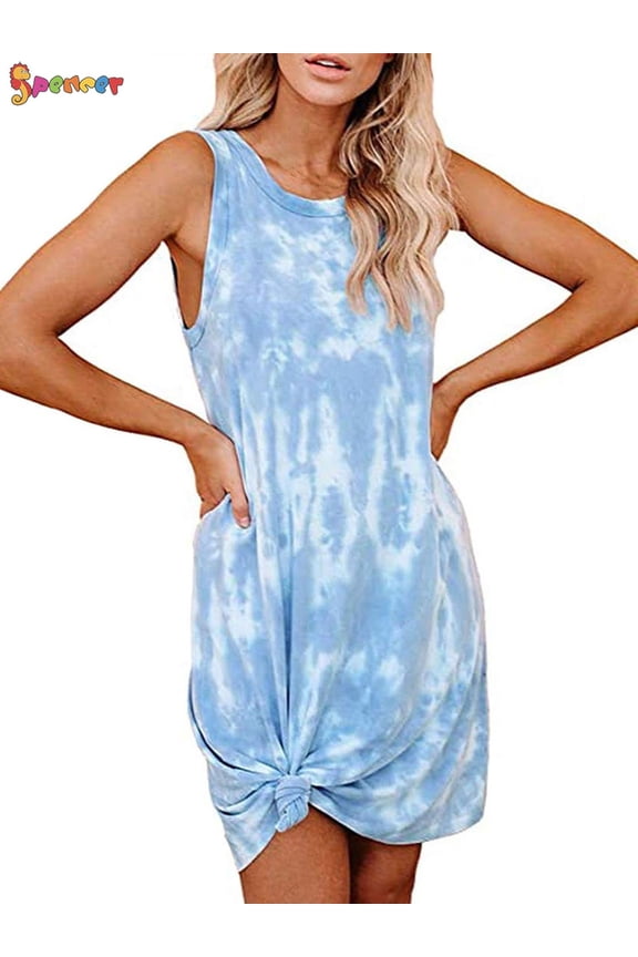 Women's Sleeveless Tie Dye Sundress Crew Neck Summer Casual T-Shirt Dresses