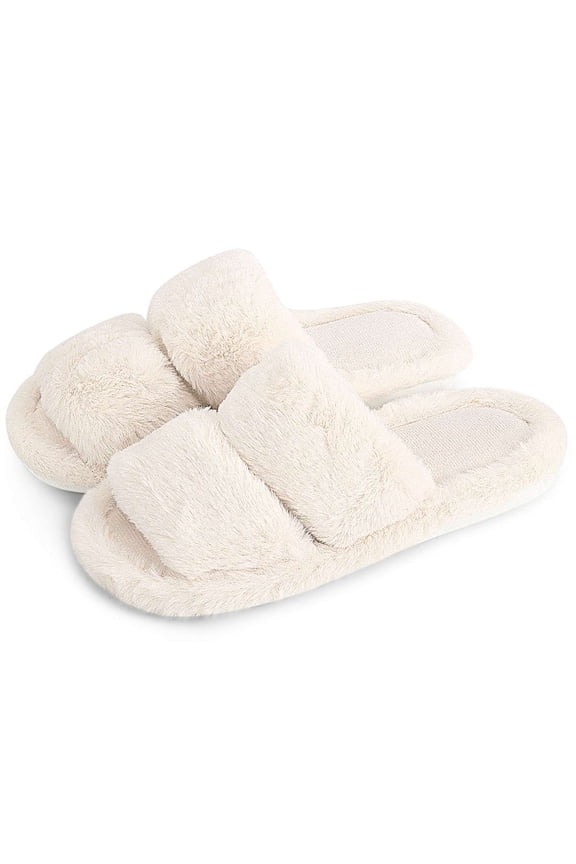 Women's Slippers Fuzzy Faux Fur Memory Foam Cozy Flat Spa Slide Slippers Comfy Open Toe Slip On House Shoes Anti-Skid Sole, Size 5-10 US