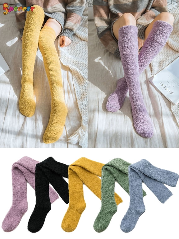 Women's Soft Warm Coral Fleece Knee High Stockings Over the Knee Leg Warmer Cozy Fuzzy Socks "Black"