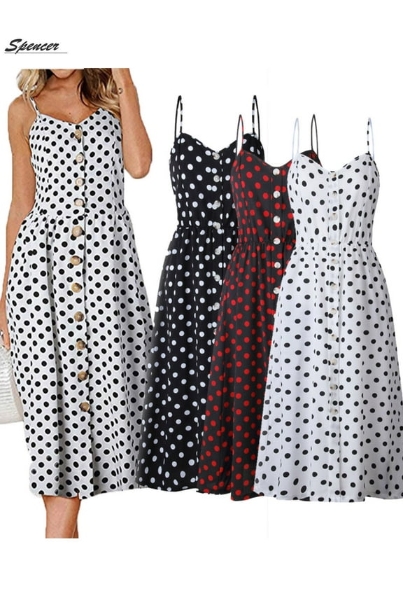 Women's Spaghetti Strap Dress Boho Tie Front Button Down Polka Dot Backless Swing Midi Bench Dress "Red,S"