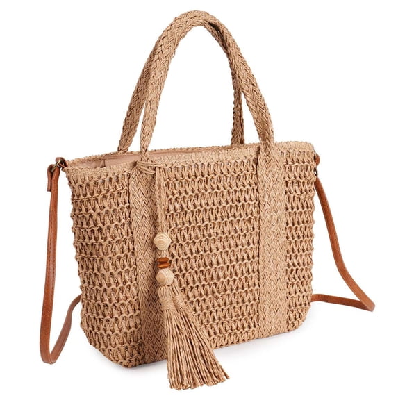 Spencer Women's Straw Handbags, Woven Crossbody Bag Beach Purse with Tassel, Canvas Lined Tote Bag, Khaki