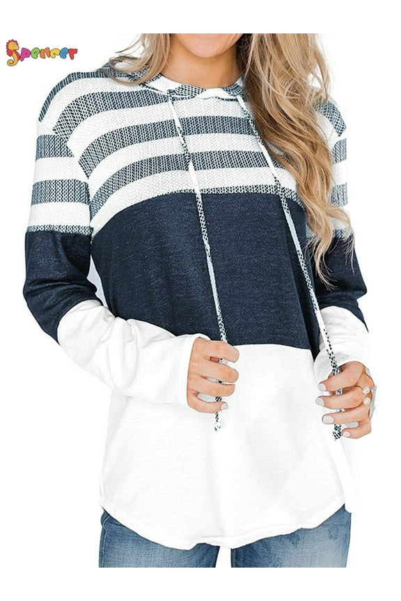 Women's Striped Color Block Long Sleeve Hoodies Pullover Casual Loose Drawstring Patchwork Hooded Sweatshirts Jumper Tops (Size M)