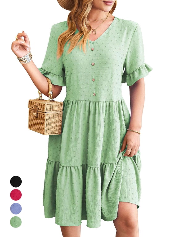 Women's Summer Dresses V Neck Smocked Short Sleeve Casual Dress Swiss Dot Swing Flowy Ruffle Hem Beach Dress "Green,S"