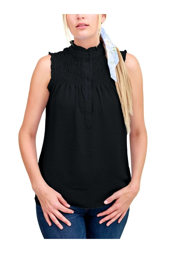 Women's Summer Sleeveless Halter Neck Tank Tops Loose Casual Chiffon Ruffle Button Up Blouses Shirts (M, Black)