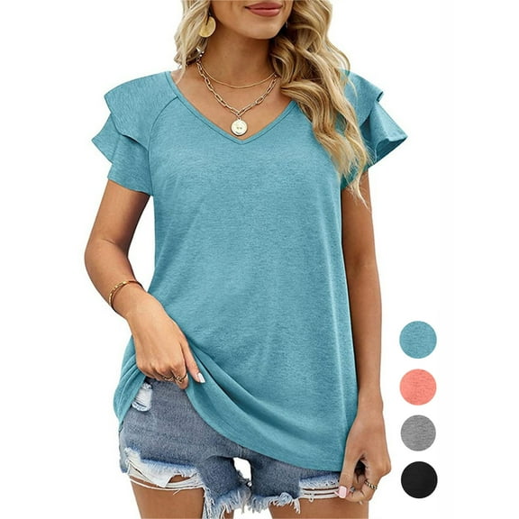 Spencer Women's Summer Tops V Neck Ruffle Short Sleeve Tunic Top Casual Flowy Blouse Shirts