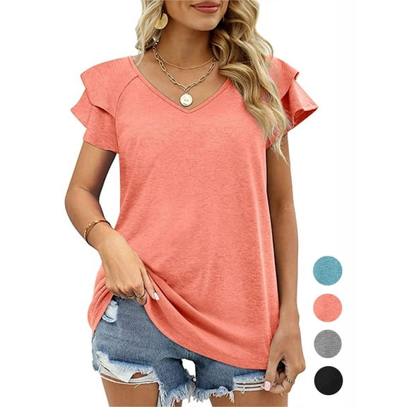 Spencer Women's Summer Tops V Neck Ruffle Short Sleeve Tunic Top Casual Flowy Blouse Shirts