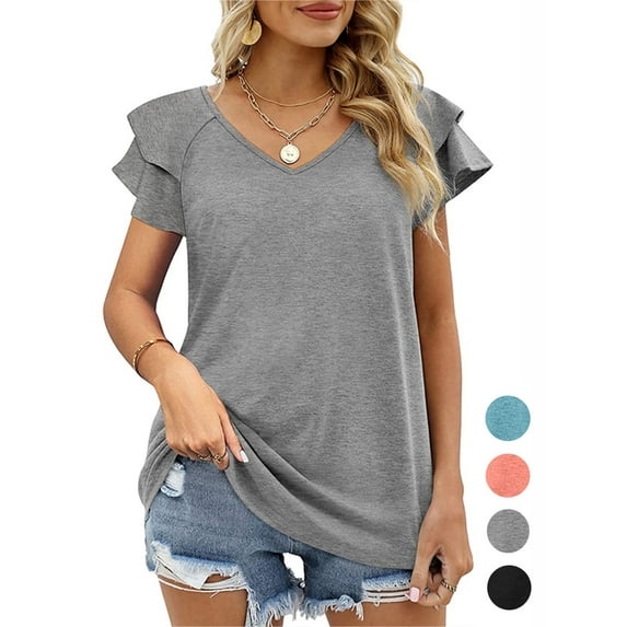 Spencer Women's Summer Tops V Neck Ruffle Short Sleeve Tunic Top Casual Flowy Blouse Shirts