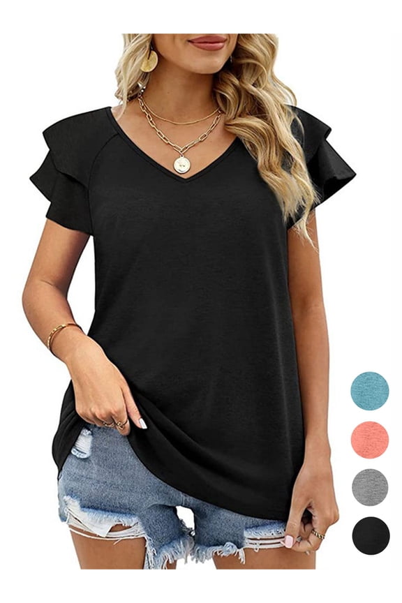 Women's Summer Tops V Neck Ruffle Short Sleeve Tunic Top Casual Flowy Blouse Shirts