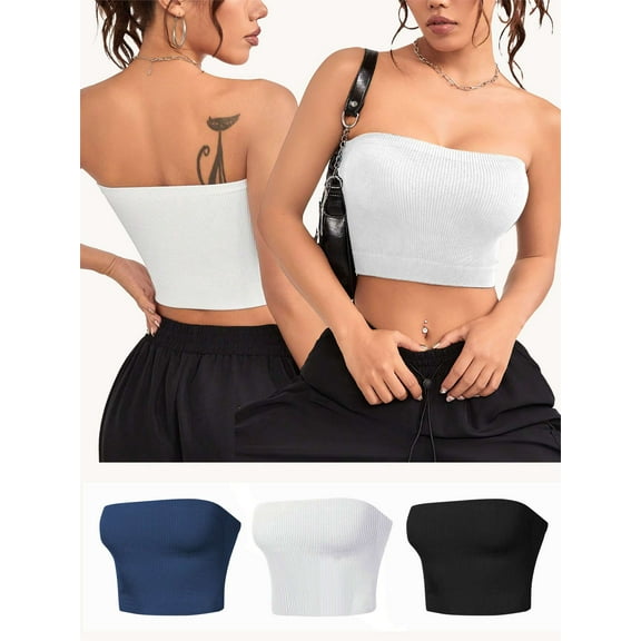 Spencer Women's Textured Tube Top Sleeveless Stretchy Going out Strapless Crop Top Basic Bandeau Tops for Women, Summer Outfits (Black)