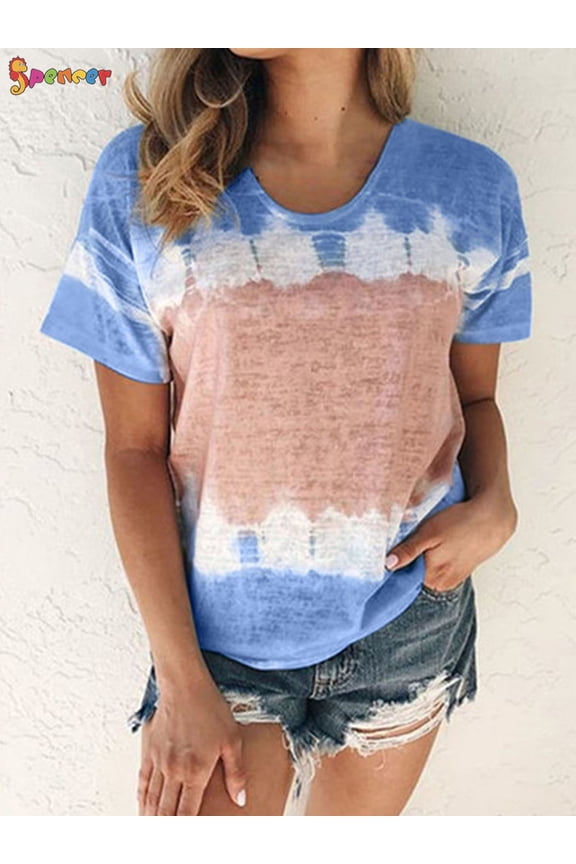 Women's Tie Dye Print Short Sleeve T-Shirt Round Neck Summer Casual Loose Blouses Tunic Tops Plus Size "Blue, M"