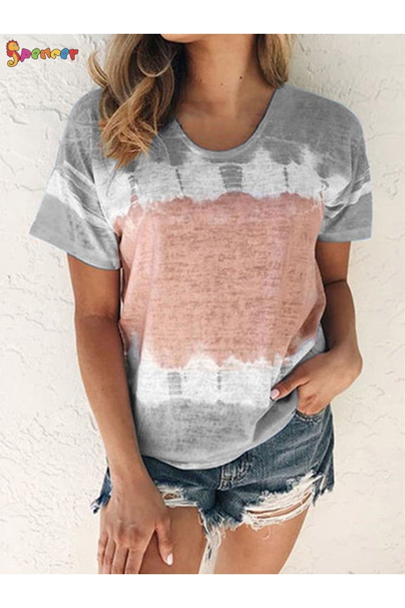 Women's Tie Dye Print Short Sleeve T-Shirt Round Neck Summer Casual Loose Blouses Tunic Tops Plus Size "Grey, L"