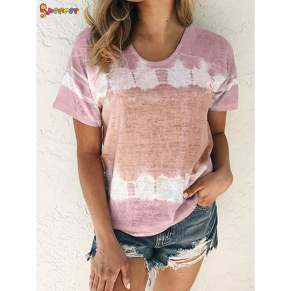 Spencer Women's Tie Dye Print Short Sleeve T-Shirt Round Neck Summer Casual Loose Blouses Tunic Tops Plus Size "Pink, 3XL"