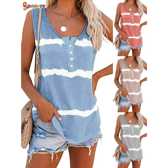 Spencer Women's Tie Dye Sleeveless Tank Tops Summer Loose Button Down Blouse Striped Vest T-Shirts Plus Size "Blue, 2XL"