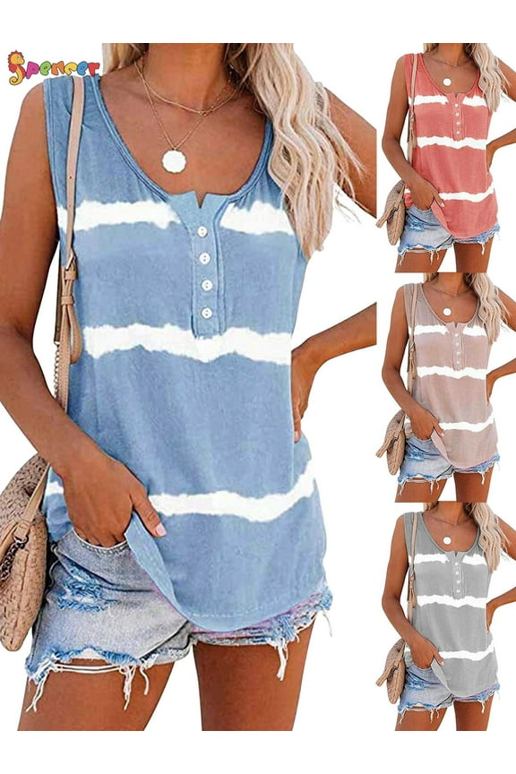 Women's Tie Dye Sleeveless Tank Tops Summer Loose Button Down Blouse Striped Vest T-Shirts Plus Size "Blue, 2XL"