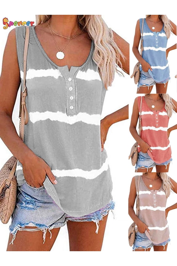 Women's Tie Dye Sleeveless Tank Tops Summer Loose Button Down Blouse Striped Vest T-Shirts Plus Size "Gray, L"