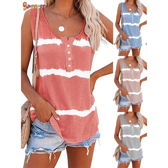Spencer Women's Tie Dye Sleeveless Tank Tops Summer Loose Button Down Blouse Striped Vest T-Shirts Plus Size "Orange, 2XL"
