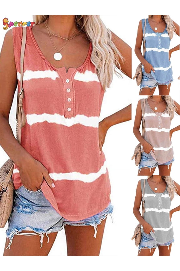 Women's Tie Dye Sleeveless Tank Tops Summer Loose Button Down Blouse Striped Vest T-Shirts Plus Size "Orange, XL"