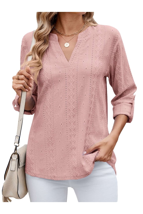 Women's Tops Dressy Casual V Neck Rolled Up 3/4 Sleeve Hollow Out Lace Embroidered Blouses Shirts (S, Pink)