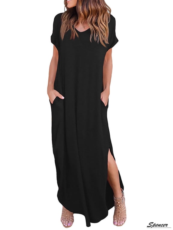 Spencer Women's V Neck Casual Summer Beach Long Dress Short Sleeve Split Loose Maxi Dress with Pocket(Black,L)