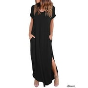 Spencer Women's V Neck Casual Summer Beach Long Dress Short Sleeve Split Loose Maxi Dress with Pocket(Black,XL)