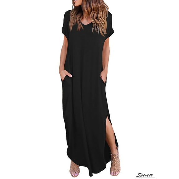 Spencer Women's V Neck Casual Summer Beach Long Dress Short Sleeve Split Loose Maxi Dress with Pocket(Black,XL)