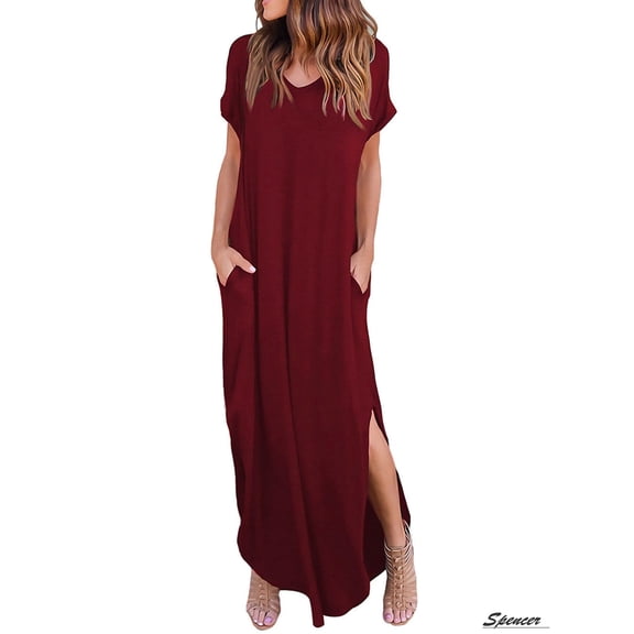 Spencer Women's V Neck Casual Summer Beach Long Dress Short Sleeve Split Loose Maxi Dress with Pocket(Red,M)