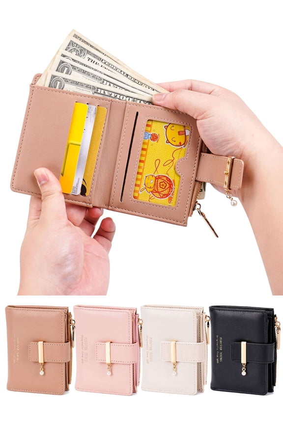 Women's Wallet, Leather Wallet for Women Small Bifold Wallet with ID Window & 4 Card Holders & 1 Zipper Pocket, White