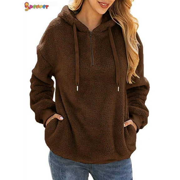 Spencer Women's Warm Fuzzy Fleece Sweatshirt Casual Loose Sherpa Pullover Hoodies with Pockets Oversized Outwear (2XL, Coffee)