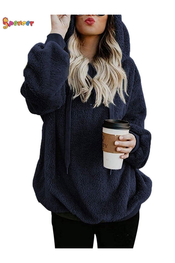 Women's Warm Fuzzy Fleece Sweatshirt Casual Loose Sherpa Pullover Hoodies with Pockets Oversized Outwear (2XL, Navy)