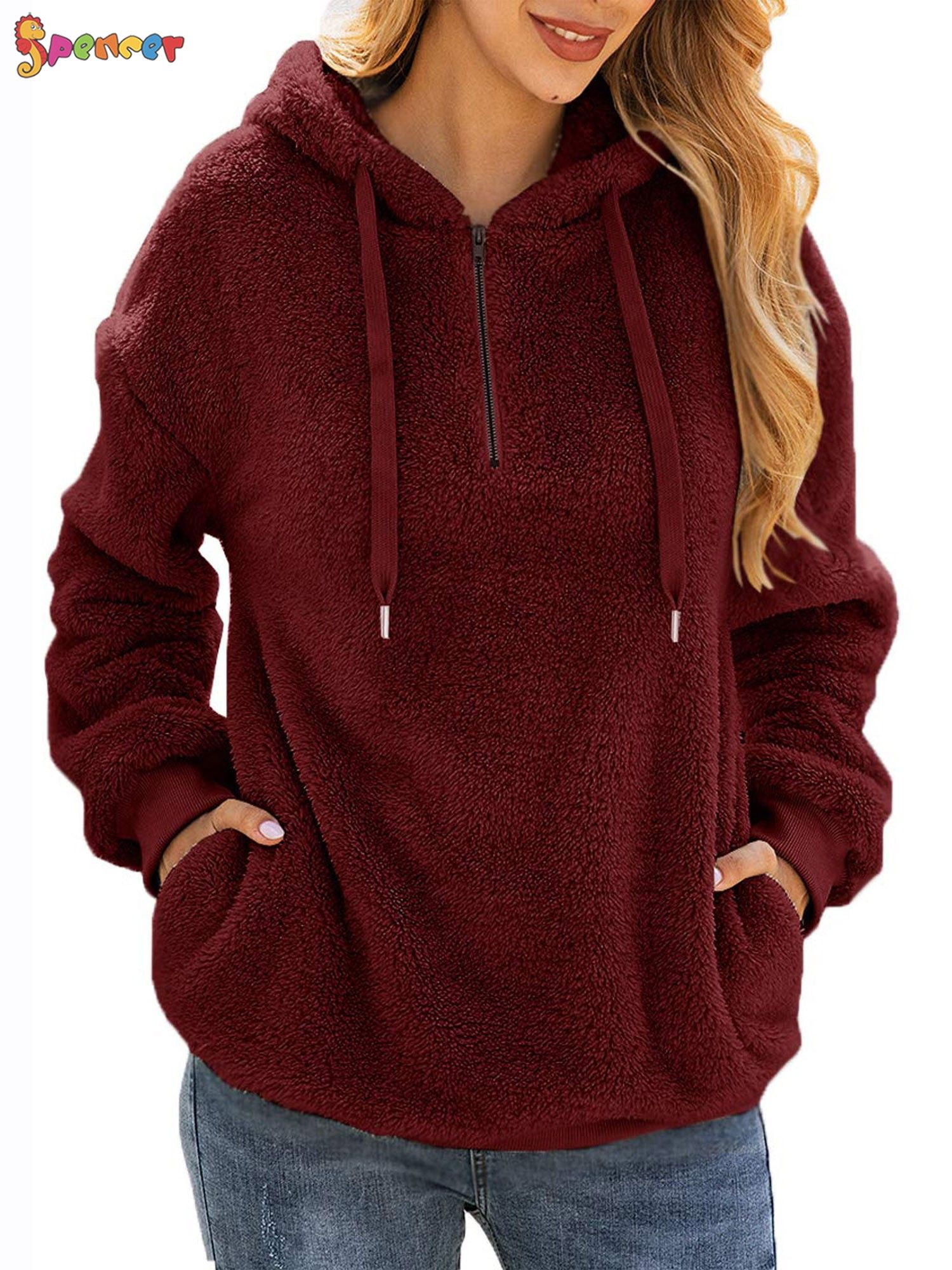 Women Maroon Fleece Fur High Neck Sweatshirt