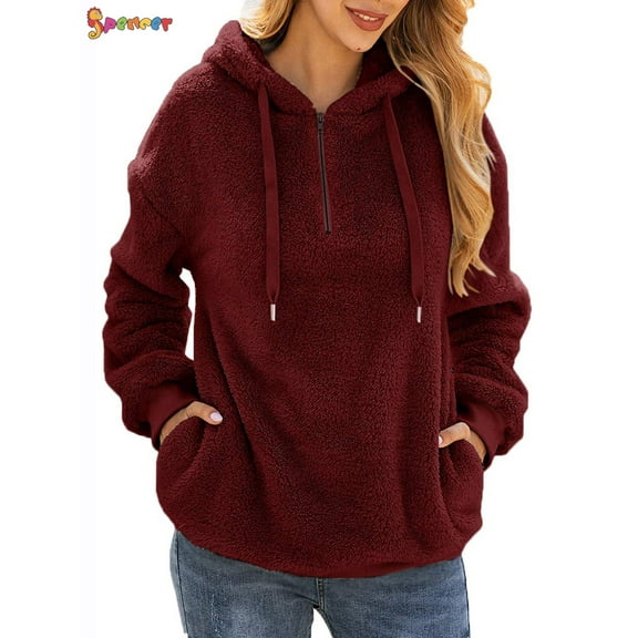 Spencer Women's Warm Fuzzy Fleece Sweatshirt Casual Loose Sherpa Pullover Hoodies with Pockets Oversized Outwear (3XL, Wine Red)