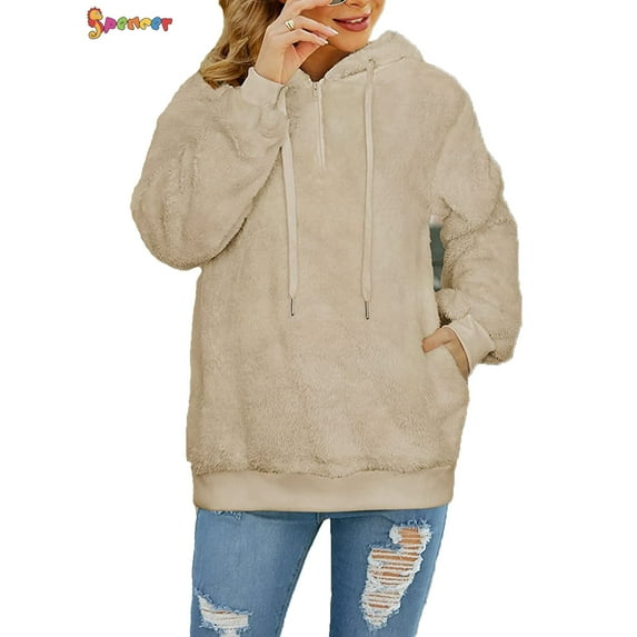 Spencer Women's Warm Fuzzy Fleece Sweatshirt Casual Loose Sherpa Pullover Hoodies with Pockets Oversized Outwear (L, Black)