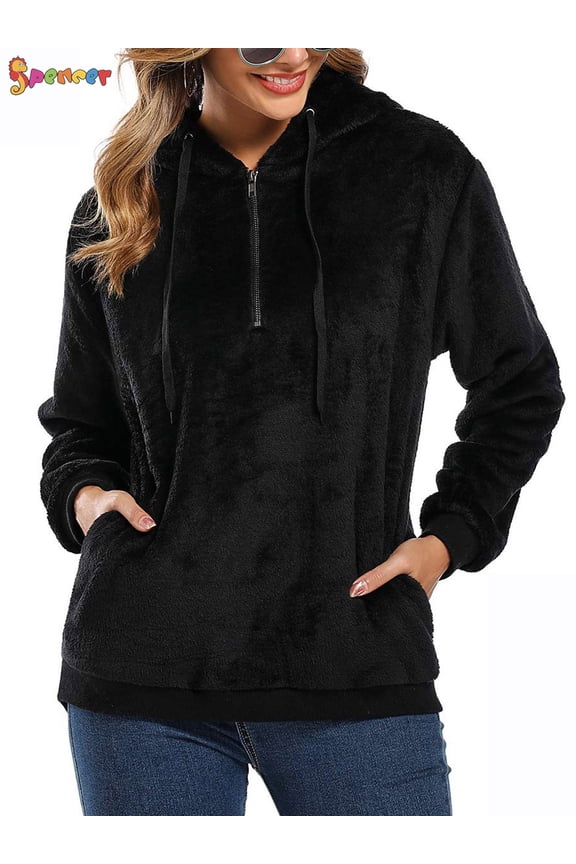 Women's Warm Fuzzy Fleece Sweatshirt Casual Loose Sherpa Pullover Hoodies with Pockets Oversized Outwear (M, Black)