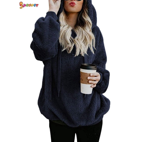Spencer Women's Warm Fuzzy Fleece Sweatshirt Casual Loose Sherpa Pullover Hoodies with Pockets Oversized Outwear (M, Navy)