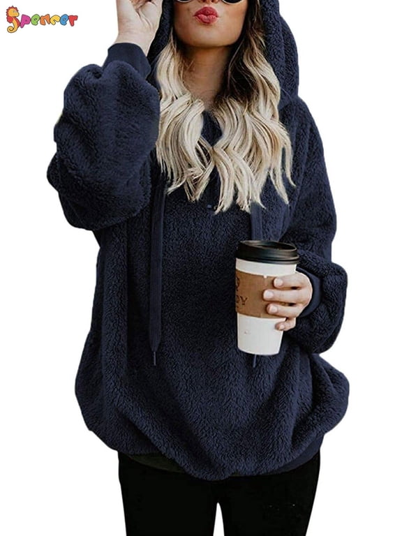 Women's Warm Fuzzy Fleece Sweatshirt Casual Loose Sherpa Pullover Hoodies with Pockets Oversized Outwear (M, Navy)