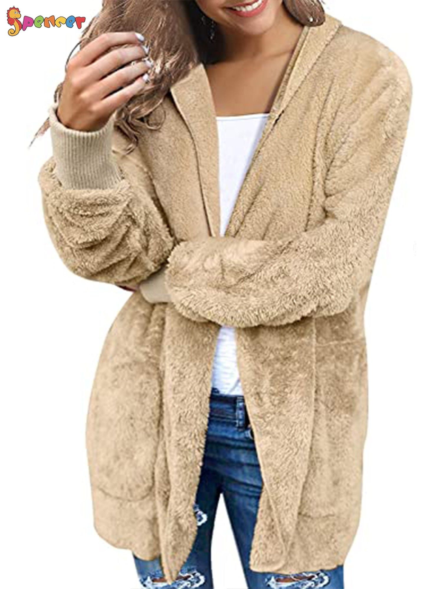 Spencer Women's Winter Fleece Fur Jacket Open Front Hooded Cardigan ...