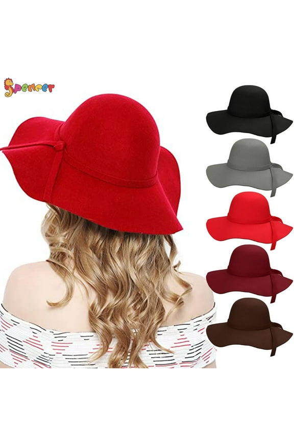 Women's Winter Floppy Wide Brim Hat Wool Retro Fedora Floppy Felt Bowler Hat Sun Cap (Red)