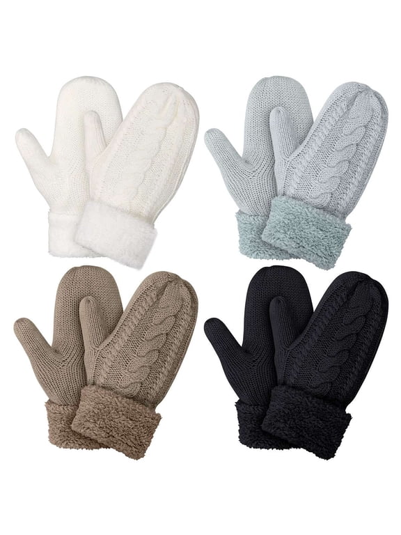 Women's Winter Gloves Warm Lining Mittens Cozy Cable Knit Thick Gloves Windproof Adult Mitts for Cold Weather, White