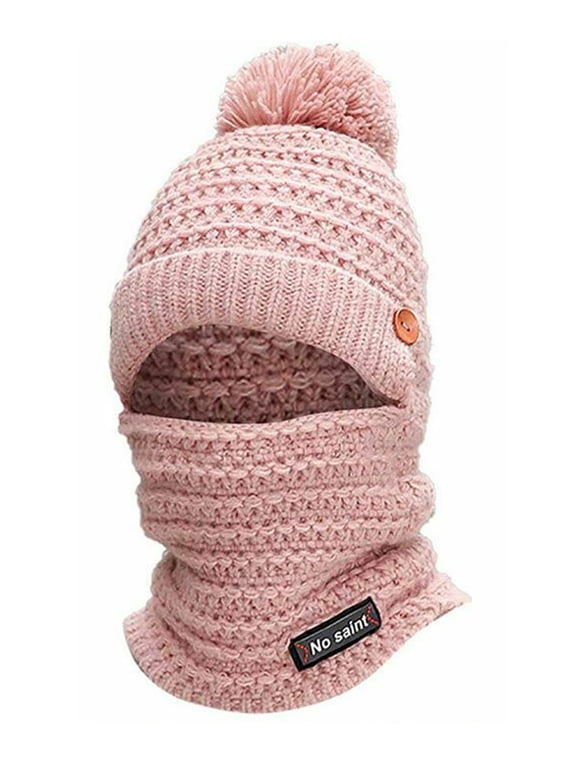 Womens Beanie Hat Winter Hat Scarf Mask Set Ladies Warm Earmuff Hat Cable Knitted Pom Pom Hats "Pink"