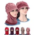 thumbnail image 1 of Spencer Womens Bib Beanie Hat One-Piece Scarf Mask Set Winter Warm Fleece Lined Knit Hat Neck Warmer Circle Scarf, Pink, 1 of 6