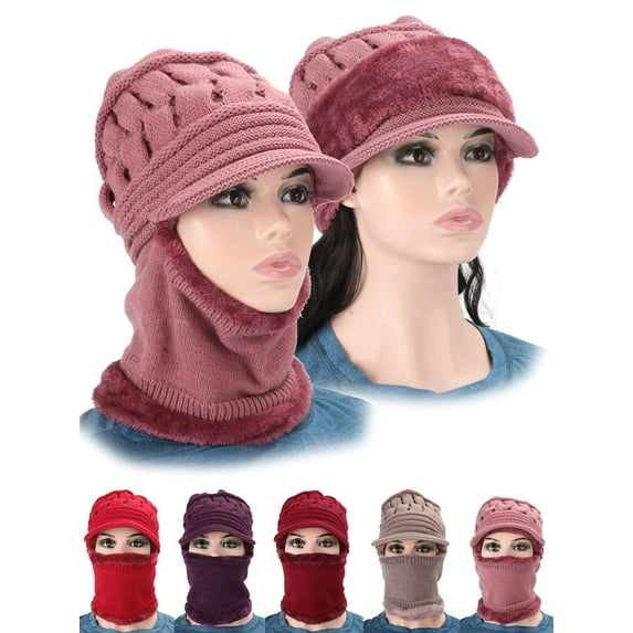 Spencer Womens Bib Beanie Hat One-Piece Scarf Mask Set Winter Warm Fleece Lined Knit Hat Neck Warmer Circle Scarf, Wine Red