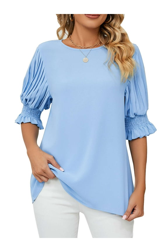 Womens Blouses 3/4 Sleeve Crew Neck Work Shirts Dressy Tops Chiffon Office Casual Wear Fashion Tees "Blue,2XL"