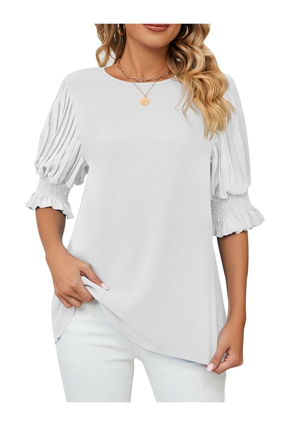 Womens Blouses 3/4 Sleeve Crew Neck Work Shirts Dressy Tops Chiffon Office Casual Wear Fashion Tees "White,S"