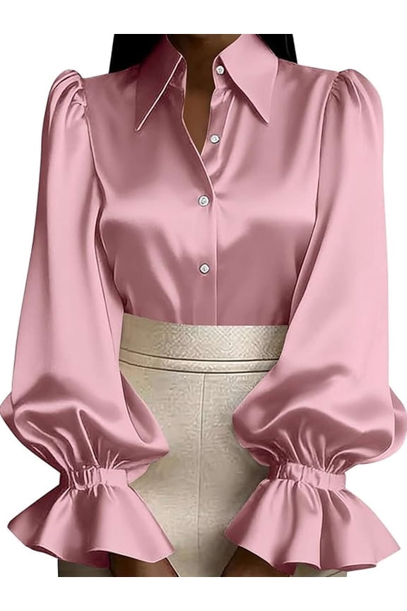 Womens Button Down Shirts Ruffle Puffed Long Sleeve Dressy Shirts Collared Satin Blouses Work Office Casual Solid Tops, Size S-2XL